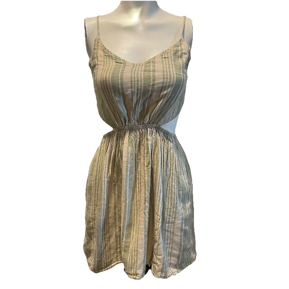American Eagle Beach Dress S Green Striped Halter Linen Cotton Blend Lined Boho